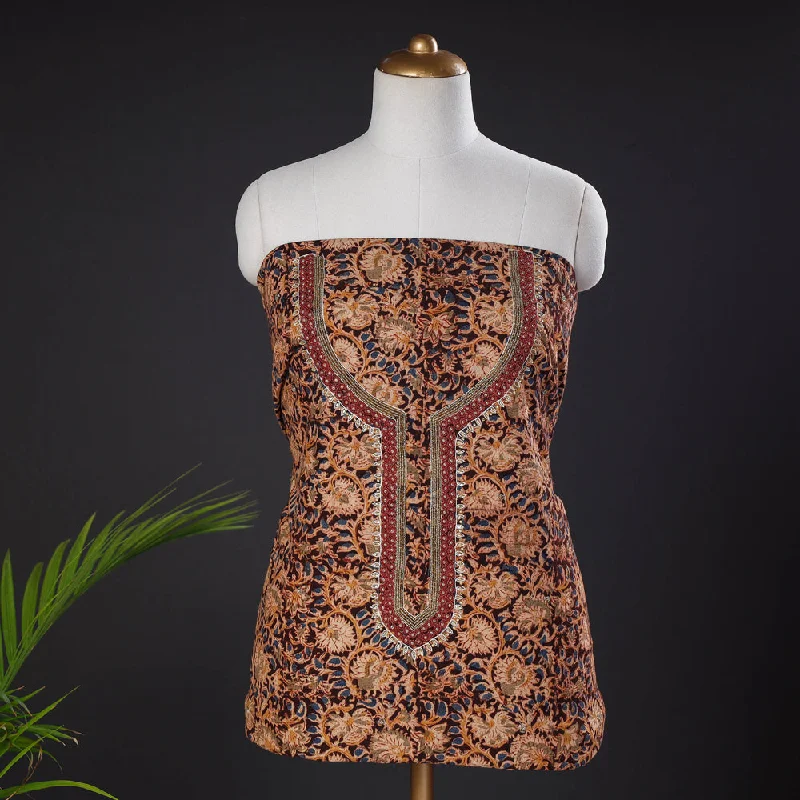 Brown - Bead Work Hand Embroidery Kalamkari Printed Cotton Kurta Material - 2.6 meters