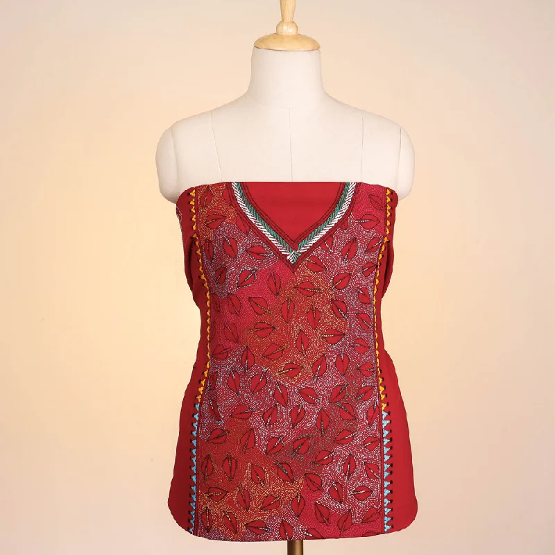 Red - Bengal Kantha Embroidered Pure Cotton Kurta Material