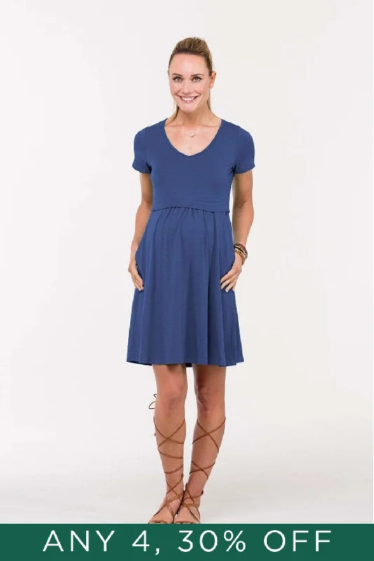 Betsy V-Neck Short Sleeve Nursing Dress Navy