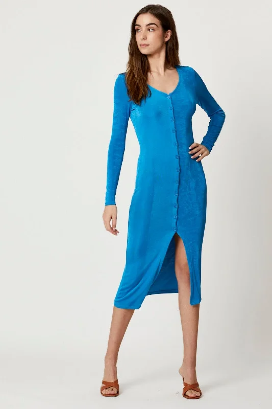 Blue Button Front Slinky Midi Dress