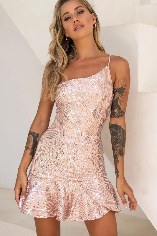 Eiza One Shoulder Sequin Embellished Dress Rose Gold