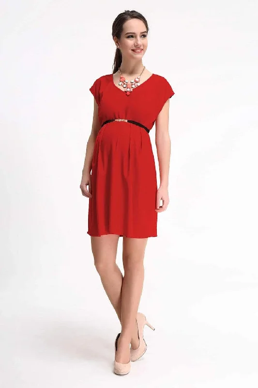 Erica Pleated V-Neck Red Nursing Dress