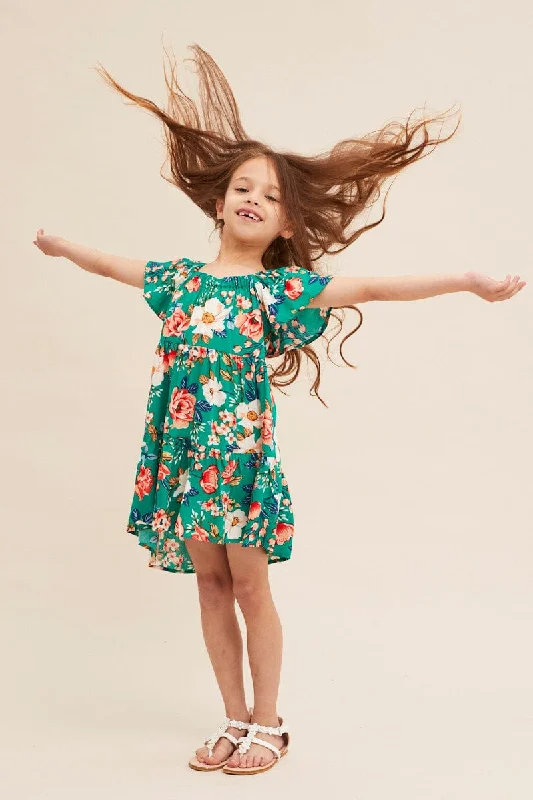 Green Floral Kids Short Sleeve Midi Dress