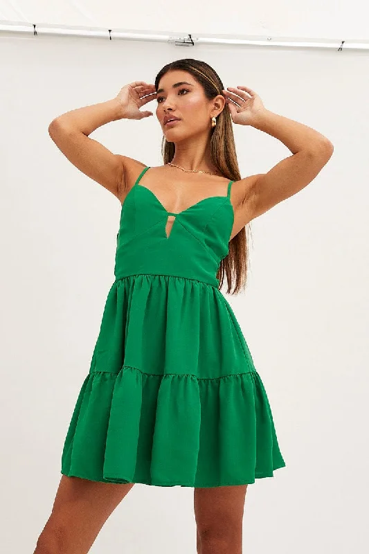 Green Skater Dress Sleeveless Mini V Neck