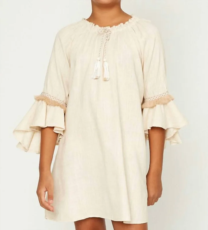 Linen Bell Sleeve W/ Fringe Dress In Oatmeal