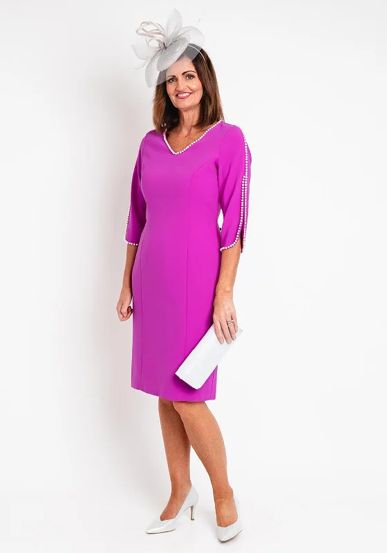 Lizabella Pearl Trim Tulip Sleeve Pencil Midi Dress, Fuchsia