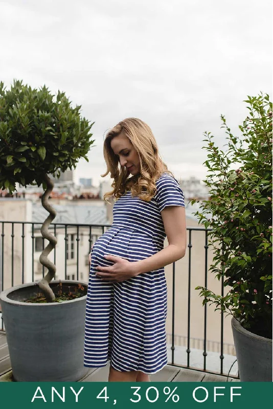 Patience Stripe Skater Short Sleeve Nursing Dress Navy Stripe