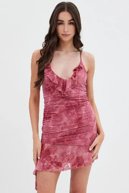 Pink Paisley Mesh Mini Dress V Ruffle Neck Burnt Out Paisley