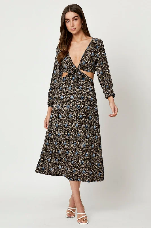 Print Long Sleeve Cut Out Dress