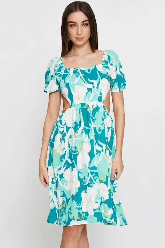 Print Midi Dress Ruffle Detail Skater