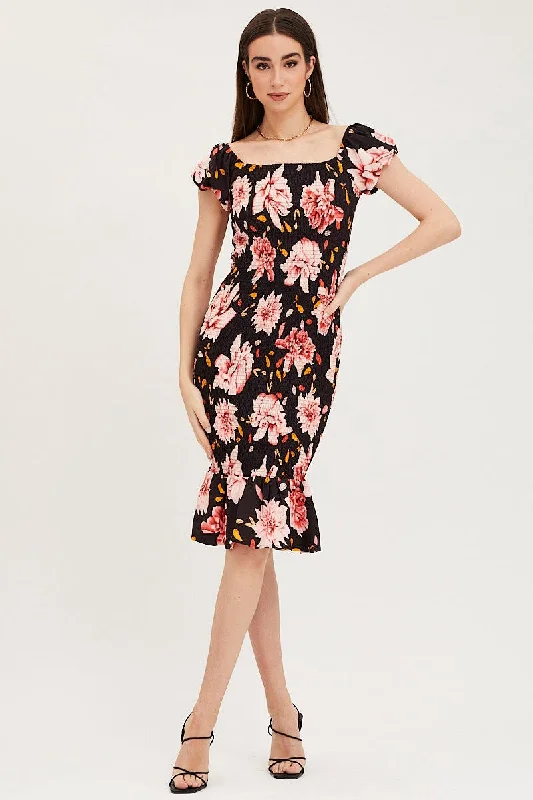 Print Shirred Midi Dress