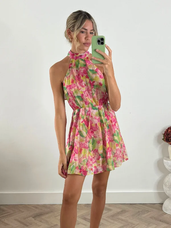 Raye High Neck Mini Dress in Multi Floral