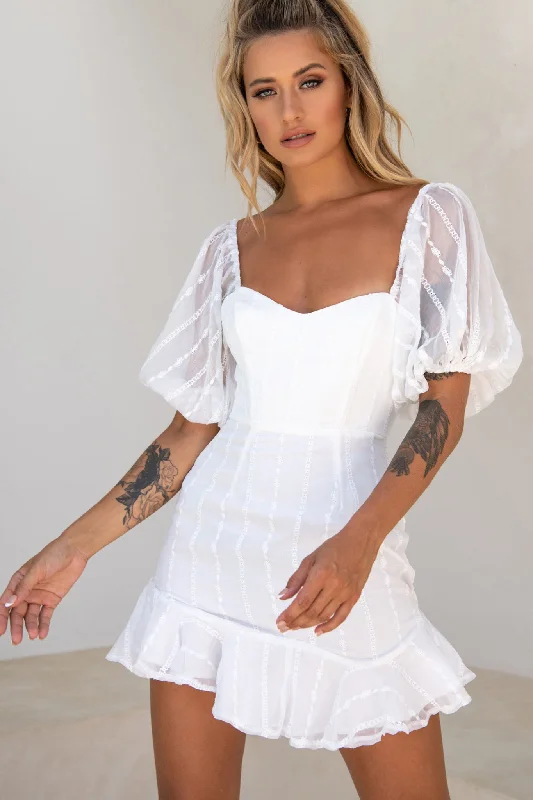 Ring My Bell Sheer Puff Sleeve Embroidery Detail Dress White