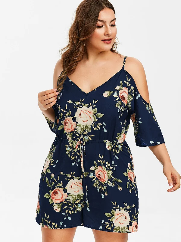 Plus Size Women Floral Jumpsuits Flower Cami Romper Casual Streetwear Sexy High Wasit Women Summer Playsuits 2019