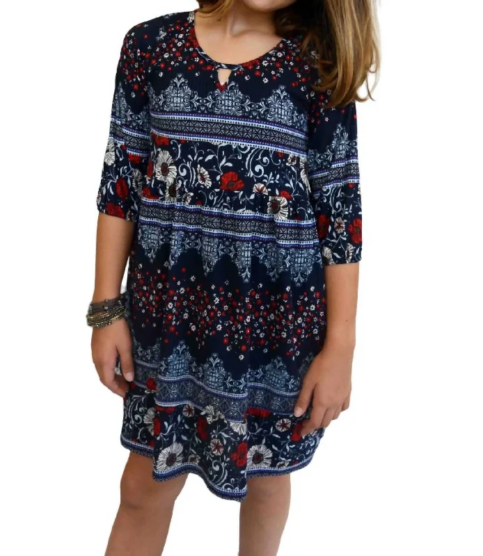 Tween Fall Dresses In Navy Border Print Circle