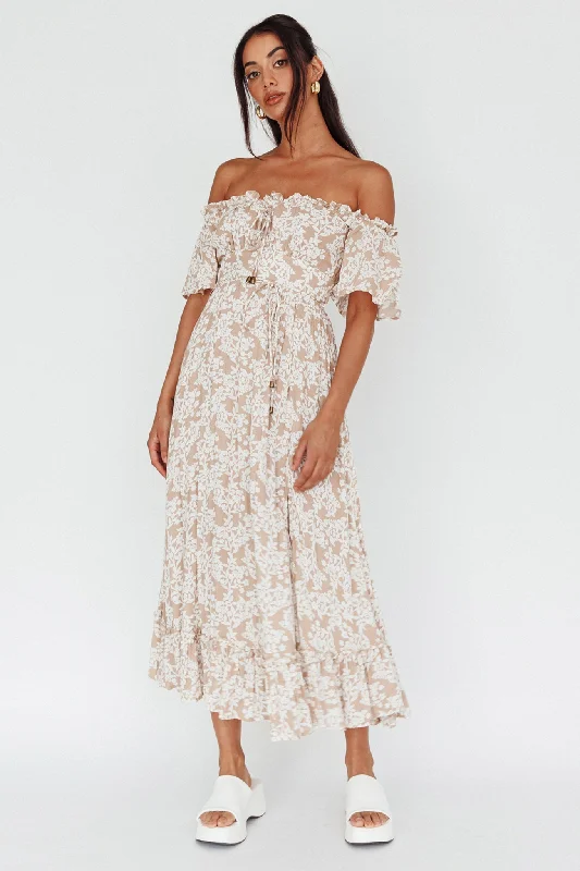 Voyager Off-Shoulder Bell Sleeve Midi Dress Floral Blush