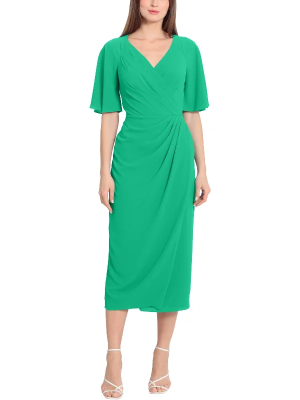 Womens Flutter Sleeve Calf Midi Dress