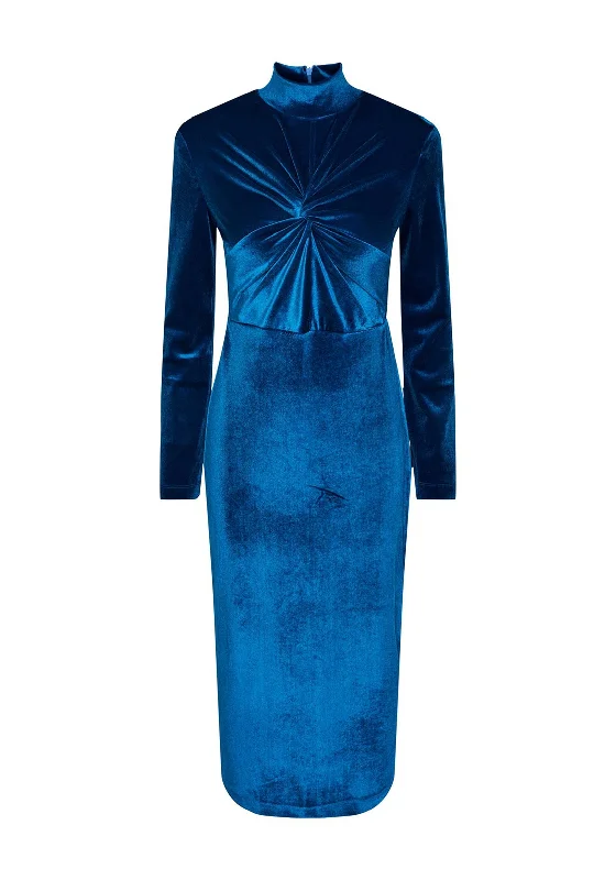 Y.A.S Novella Twisted Front Velvet Midi Dress, Mykonos Blue