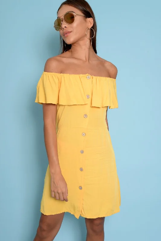 Yellow Bardot Frill Button Front Dress - Julissa