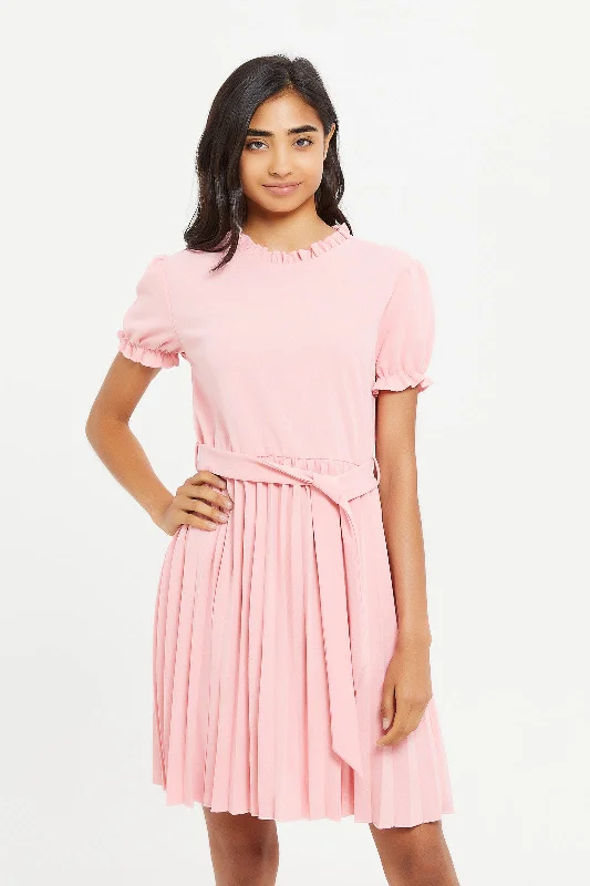 Senior Girls Coral Shortsleeve Pleated Skirt Dress