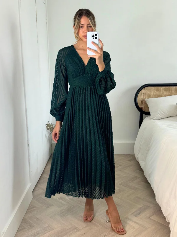 Dannica Pleated Balloon Sleeve Maxi Dress / Green