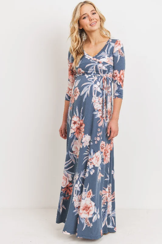 Denim Floral 3/4 Sleeve Maternity Maxi Dress