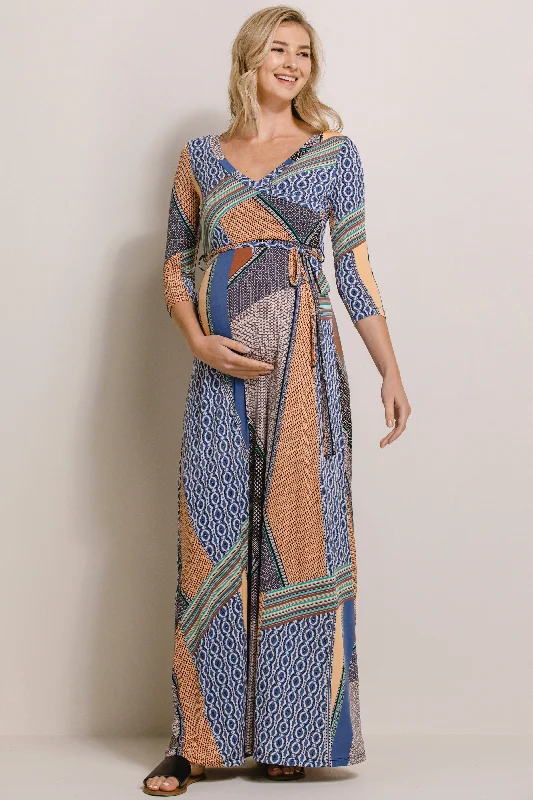 Geo Print Maternity/Nurisng Wrap Maxi Dress