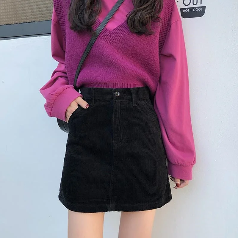 KittenAlarm - High Waist Slim Black Corduroy Skirt