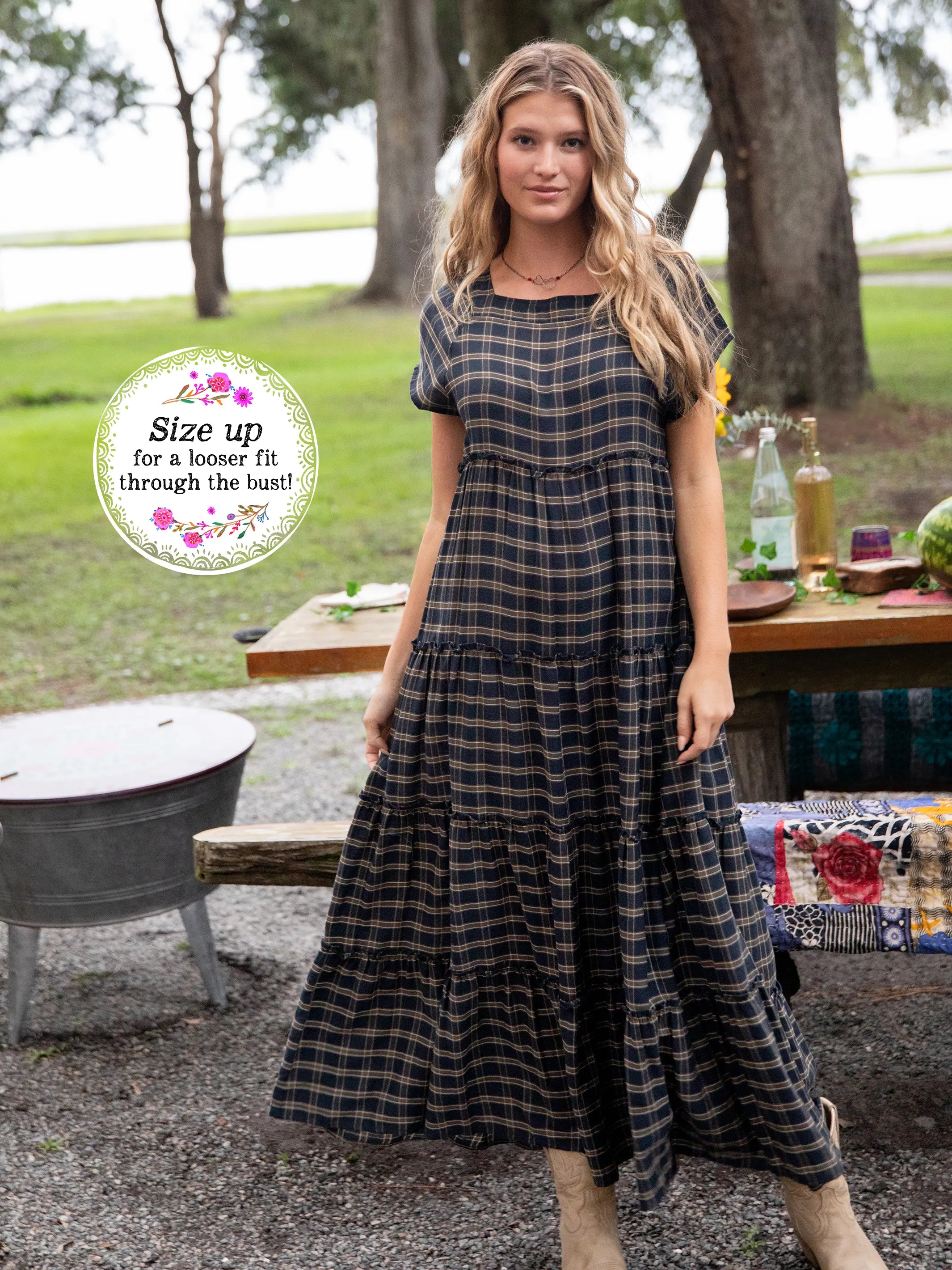 Plaid Berkley Maxi Dress - Navy Tan Plaid