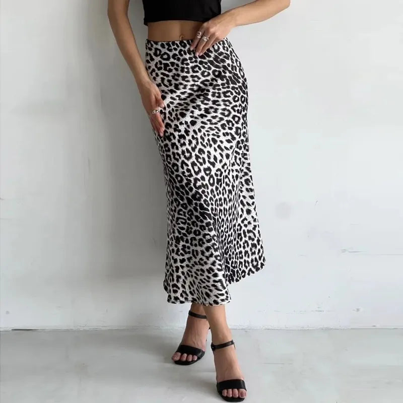 Sexy Leopard Print Long Vintage Satin Skirt