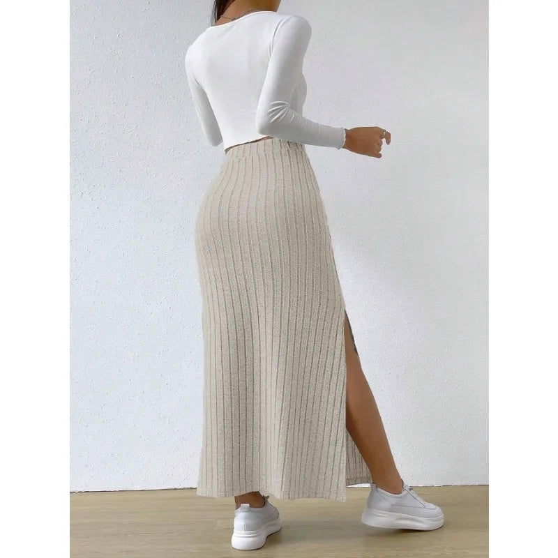 Spring Summer High Waist Side Split Knitted Skirt