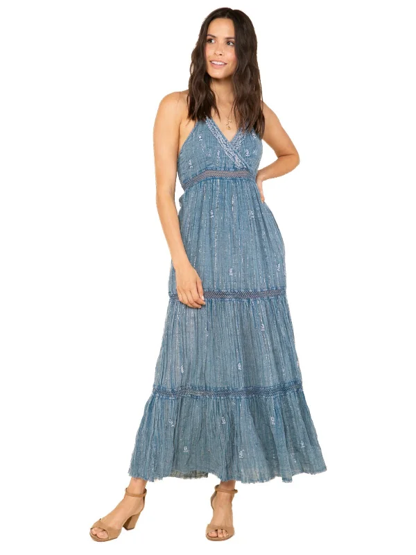 Womens Embroidered Maxi Halter Dress