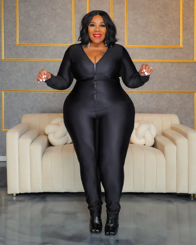 Black Keyona Zipper Disco Catsuit