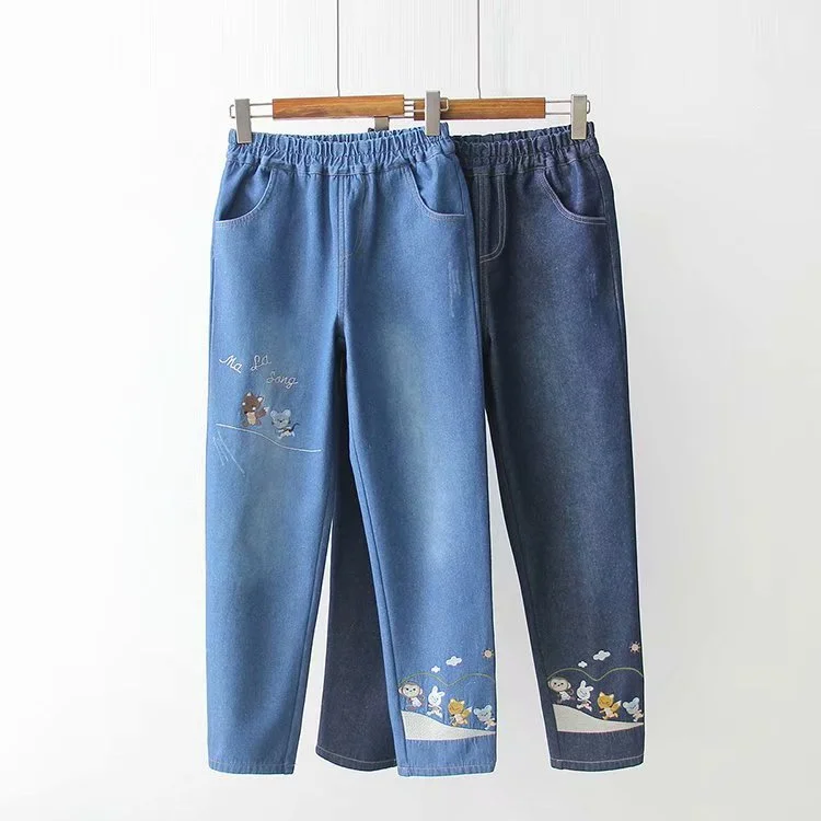 Cartoon animal embroidery and velvet jeans YV40853