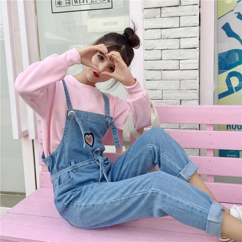 Cute Heart embroidery overall jeans YV2417