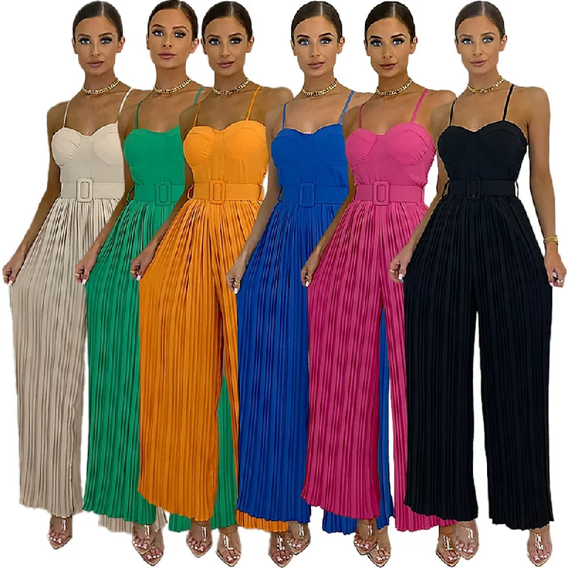 European and American Style Women Solid Color Pleated Wide Leg Jumpsuit (Cl10686)