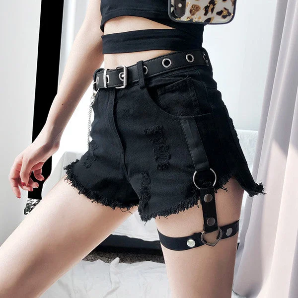 High waist leg ring denim shorts yv42166