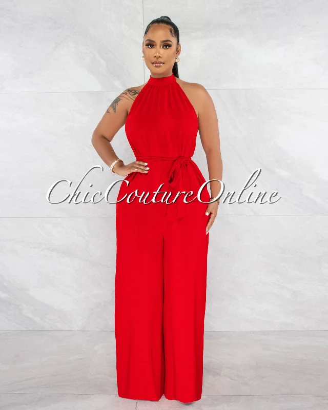 Lahina Red Halter Low Back Wide Legs Jumpsuit