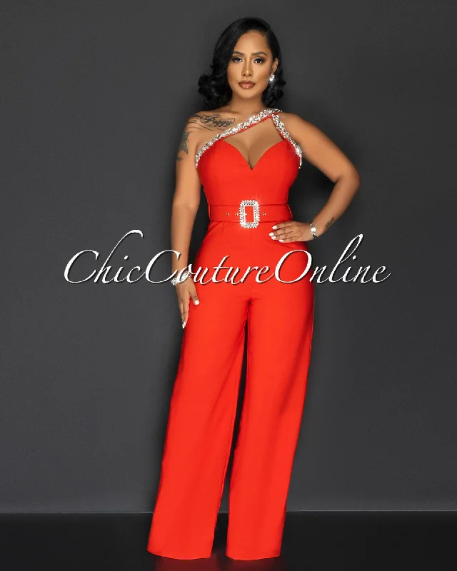 Montse Red Rhinestones Neckline Silver Buckle Belt Jumpsuit