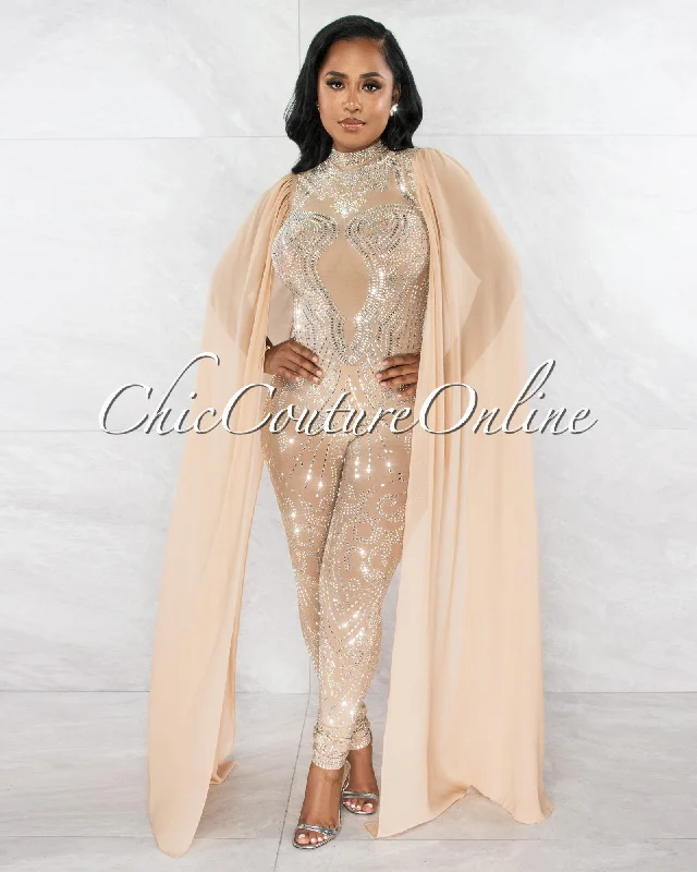 Princess Nude Rhinestones Mesh Shift Long Sleeves Jumpsuit