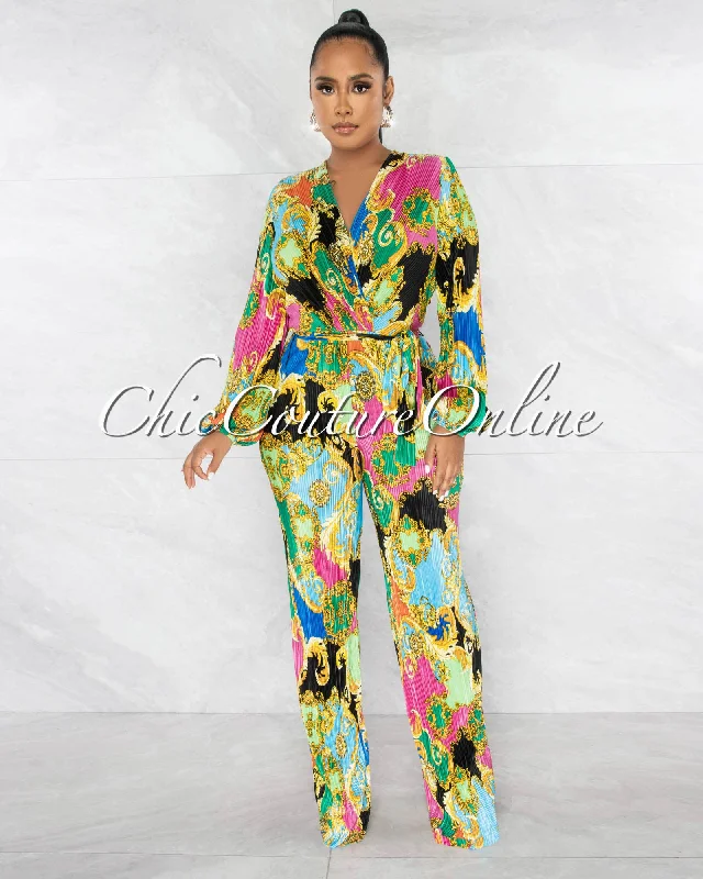 Serran Black Multi Color Print Padded Shoulders Ribbed Jumpsuit