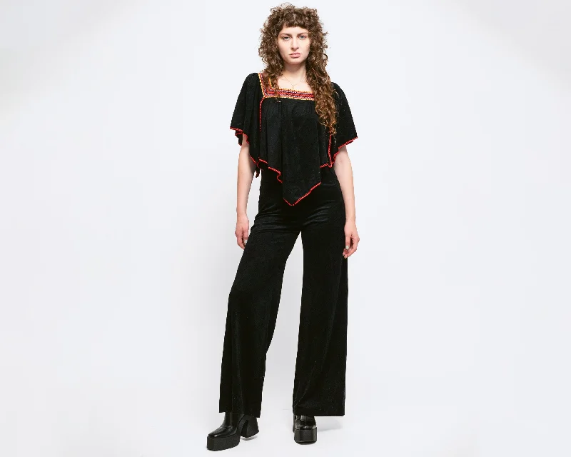 Small 70s Boho Black Velour Capelet Jumpsuit