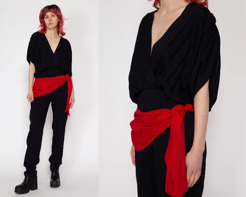 Small 80s Black Red Sash Jumpsuit