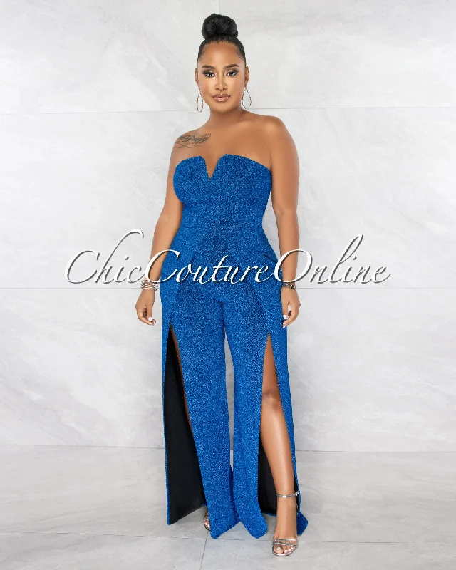 Katiana Royal Blue Shimmer Slit Legs Jumpsuit