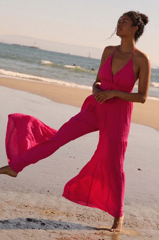 Tier Me Out Tiered Wide-Leg Crepe Halter Jumpsuit