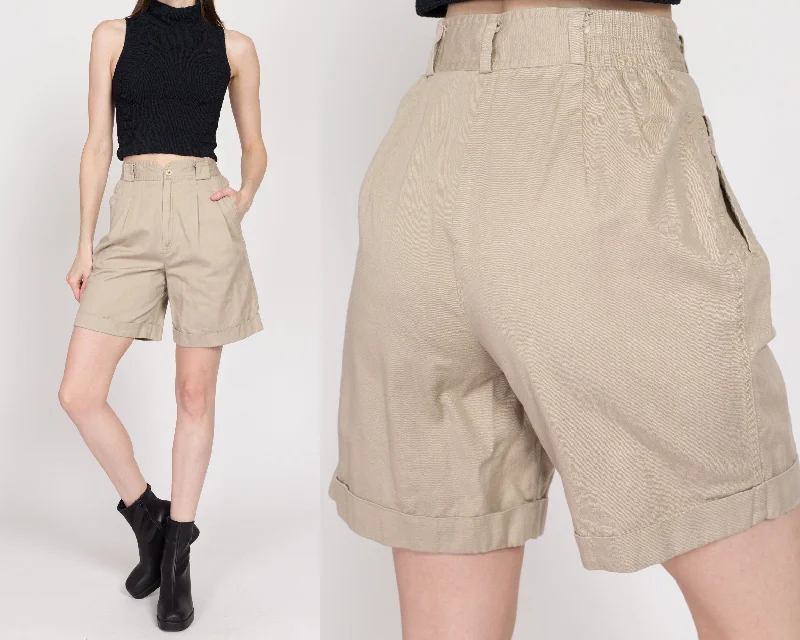 XS-Sm 80s Khaki High Waisted Pleated Shorts 24"-27"