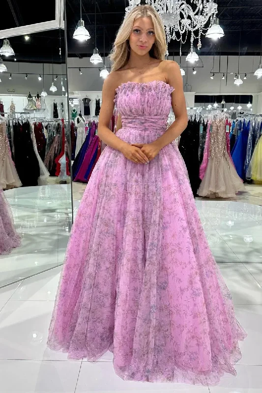 A line Strapless Printed Glitter Tulle Prom Dress gh2705