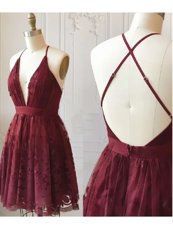 A Line V Neck Short Burgundy Lace Prom Dresses, Short Burgundy Lace Formal Homecoming Dresses gh1740