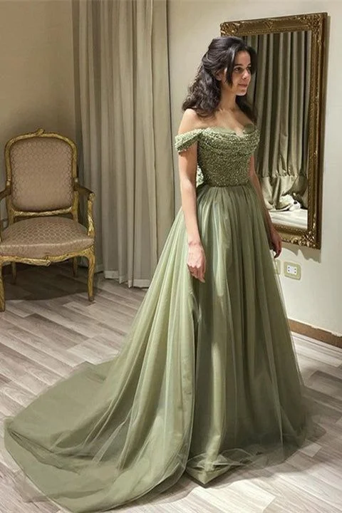 Beautiful Long Green A-line Off-the-shoulder Sequined Beading Prom gh2753