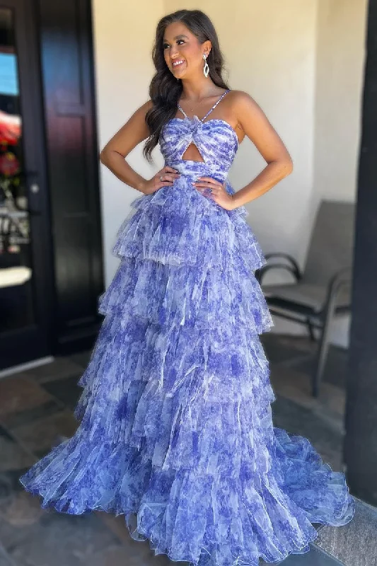 Blue Print Halter Keyhole Ruffle Tiered Long Prom Dress gh2707